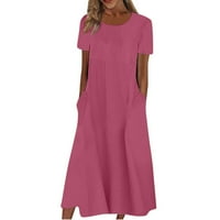 Стабилни рокли за жените през лятото на жените ежедневни модни солидни цветове с късо ръкав кръгла джобна рокля с врата горещо розово 3xl