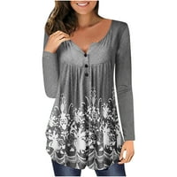 Клирънс Дамски блузи с дълъг ръкав Салон тениска отпечатани около врата ръбат пуловер блуза върхове, сиво