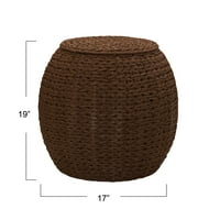 Домакински принадлежности голяма кръгла плетена кошница странична маса, ръчно плетено хартиено въже, метална рамка с тежък капак, за съхранение или допълнително сядане, кафяво