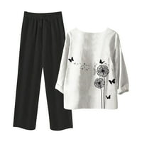 Женски летни тоалети памучно бельо на бельо комплект с къс ръкав Най -горната пижама с широки панталони за краката на шезлонги с тениски с къс ръкав салон за съвпадение на тениски и дълги панталони