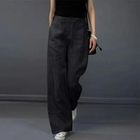 Xinqinghao Plus Размер товарни панталони за жени Дамски ленени панталони с висока талия с широки крака небрежни панталони с дължина с джобове товари за жени за жени черни s