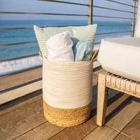 Комплект от естествена кръгла кошница за съхранение, плетено въже за морска трева и бобина, естествено и бяло