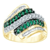 Зелено -бял естествен диамантен вълнов пръстен в 10k жълто злато