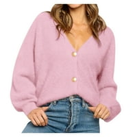 Дамски пуловери за жени нов в-врата плътен цвят Каузален Дамски трикотажен пуловер дълъг ръкав върхове с джоб Буци топли пуловери върхове