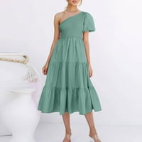 Дамски рокли без ръкави, солидни ежедневни а-линии A-Line лято една рамо рокля зелена s