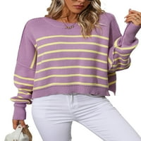 Жени ежедневни разхлабени пуловер райета принт с дълъг ръкав върхове за плетене на топли улични дрехи