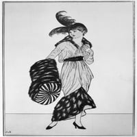 Мода: Жена, 1913 г. NA Жена с шапка от перо, козина и рокля с козина. Френска рисунка, 1913. Плакатен печат от