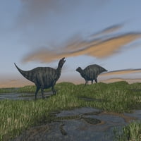 Shuangmiaosaurus динозаври, разхождащи се през щампа за плакати на влажни зони