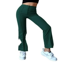 Женски панталони солидни панталони за крака с висока талия тъмно зелени m