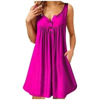 Женска модна ежедневна рокля с v-образно деколте без ръкави солиден бутон плаж пола секси пуловер рокля, горещо розово l