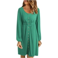 Женски ежедневен елегантен прост дълъг ръкав разхлабена рокля есен U-обект бутон с дълъг ръкав рокля зелена xxl