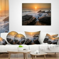 Дизайнарт залез над скалист морски бряг - плаж възглавница за хвърляне на снимки-18х18