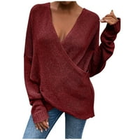 Fesfesfes жени пуловери твърд цвят дълъг ръкав pullove v-образни основни пуловери плюс размери разстояние $ 10