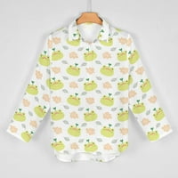 Сладък жаба и листа Дамски Смешно печат Бутон надолу ризи Дълъг ръкав хлабав блузи върхове