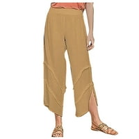 Дамски ежедневни памучни бельо панталони разрошени Плътен цвят Сплит панталони джоб панталон