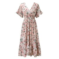 Дамски ежедневни летни Флорални печатни в врата с къс ръкав дълга рокля Дамски ежедневни рокля розов л