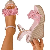 Летни дамски сандали Ваканция Глезена каишка клин сандали платформа чехли за жени отворени пръсти цвете декор Бохемия Сандали розов Сайз9