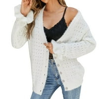 Kali_Store жилетка за женски бутон за жени с леко тегло Knit Cardigan пуловер с джобове бяло, m