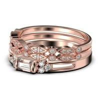 Класически минималистичен 2. Карат багет нарязана морганит и диамантен годежен пръстен на Moissanite, сплит сватбен пръстен в стерлингово сребро с 18K розово злато