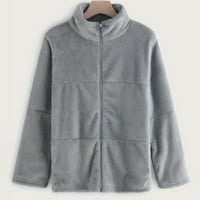 Жени Fau Fur Jacket- Модна улица Разхлабена дълъг ръкав твърд ежедневен жилетка палто сиво s