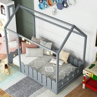Скочи в забавна дървена къща рамка за легло, близнак в пълен размер рамка за легло за деца малки деца Grils момчета, игрална рамка за легло с ограда и покрив, рамка на платформата Kids Tent Bed Bed Bed Bed Frame,