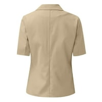 Клирънс ЙОХОУМ Дамски топове Дамски Плътен цвят отвори предния джоб жилетка официален костюм къс ръкав риза яке Каки М