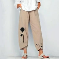 Женски панталони Capri Castual Summer Cotton Linen Pants Разхлабени еластични талии капризи панталони широки панталони с подрязани крака панталони