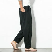 Мъжки случайни модни модни свободни памучни бельо чист цвят джобен комфорт дълъг панталон черен xxxl