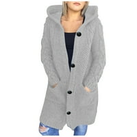 Детесбула зимни якета за жени Просвет дамски дълъг ръкав кабел плетен дълъг кардиган отворен предден бутон с качулка пуловер външни дрехи