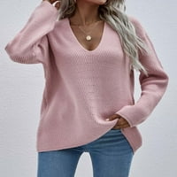 Holloyiver Женски модни дълги ръкави v Врат свободни пуловер върхове блуза плетен пуловер