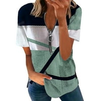 Рокля блуза за жени зелени Жени Случайни геометрия печат цип тениска блуза къс ръкав хлабав пуловер Топ л