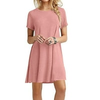 Дамски рокли къс ръкав А-линия средна дължина ежедневни Кръгли деколте масивна лятна рокля розов 2хл