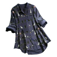 Туника блузи за жени ежедневни печат дълъг ръкав бутон хлабав риза топ блуза