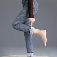 панталони за жени модни жени плюс размер плюс кадифена еластична висока талия за ежедневни дънки моливни панталони сиво + 30