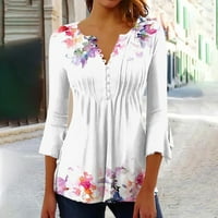 Дамски блузи ежедневни Плюс размер блуза пристъп Ръкав Свободно Време Ризи Дамски флорални щампи лято в врата тениска руши хлабав годни флорални върхове 7-бели ххл