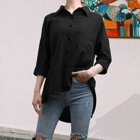 Xinqinghao Женски ежедневен памук и бельо блузи върхове бутон надолу шия на шията върхове с дълъг ръкав тениски черен XL