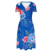 Ganfancp Женски летни рокли Винтидж свободен ежедневен ден за независимост печат рокля с къс ръкав v-образно рокля синя m