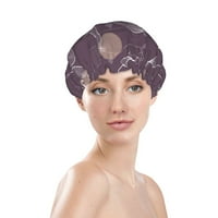 Двойна водоустойчива шапка за душ на жените, лилаво растителна линия изкуство за многократна употреба шапка за коса за всички прически и размери на главата