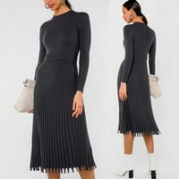 Женски пуловер рокля- елегантна модна плетена рокля с дълъг ръкав екипаж на врата пуловер прилепва солидна рокля черно