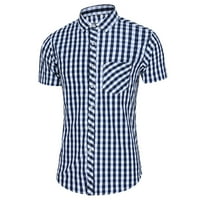 Fabiurt Mens Лятна модна ежедневна комфортна тънка карирана риза с къси ръкави, синя