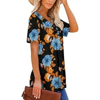 Дамски летни блузи с къс ръкав Дамски летни туника обло деколте флорални печатни тениски ежедневни блуза С къс ръкав плисирани върхове с вълнен подгъв
