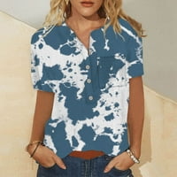 Bazyrey Womens Henley върши женски къс ръкав флорален химиза ежедневни джобни туники ризи сини 2xl
